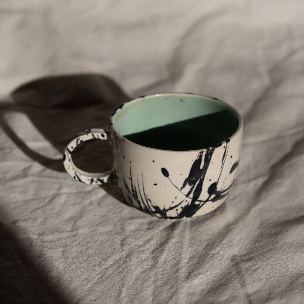 black splatter & teal mug - pottery